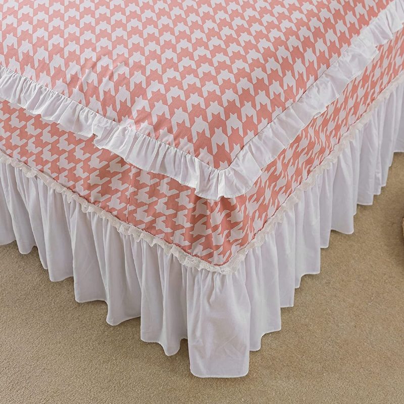 4 Db Lányos Rózsaszín Rácsos Ágyneműkészlet 100% Pamut Houndstooth Mintás Csipke Fodros Paplanhuzat 18'' Magas Ágyszoknya És 2 Párnahuzat