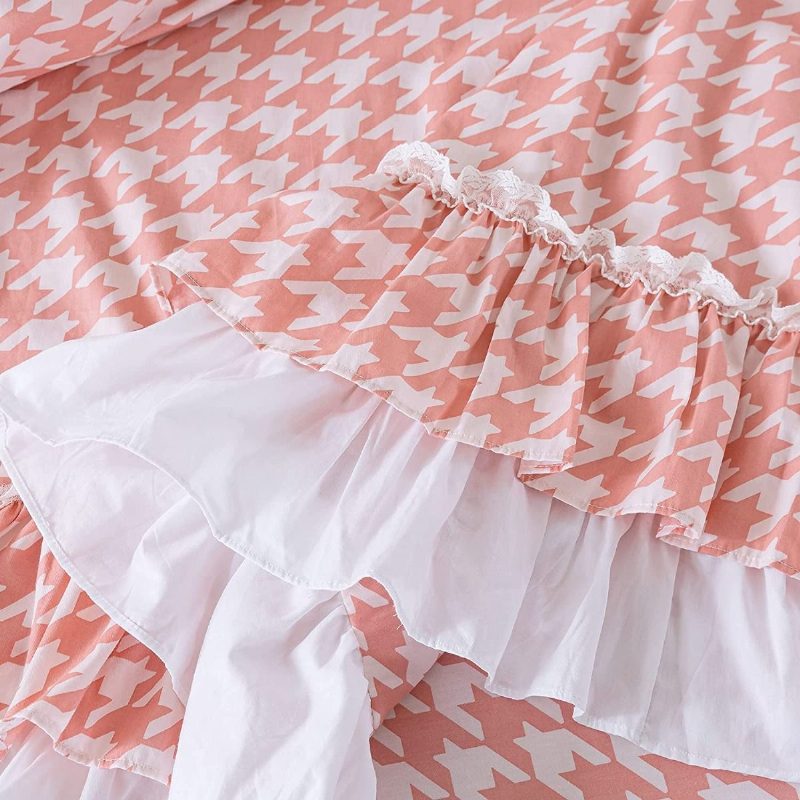 4 Db Lányos Rózsaszín Rácsos Ágyneműkészlet 100% Pamut Houndstooth Mintás Csipke Fodros Paplanhuzat 18'' Magas Ágyszoknya És 2 Párnahuzat