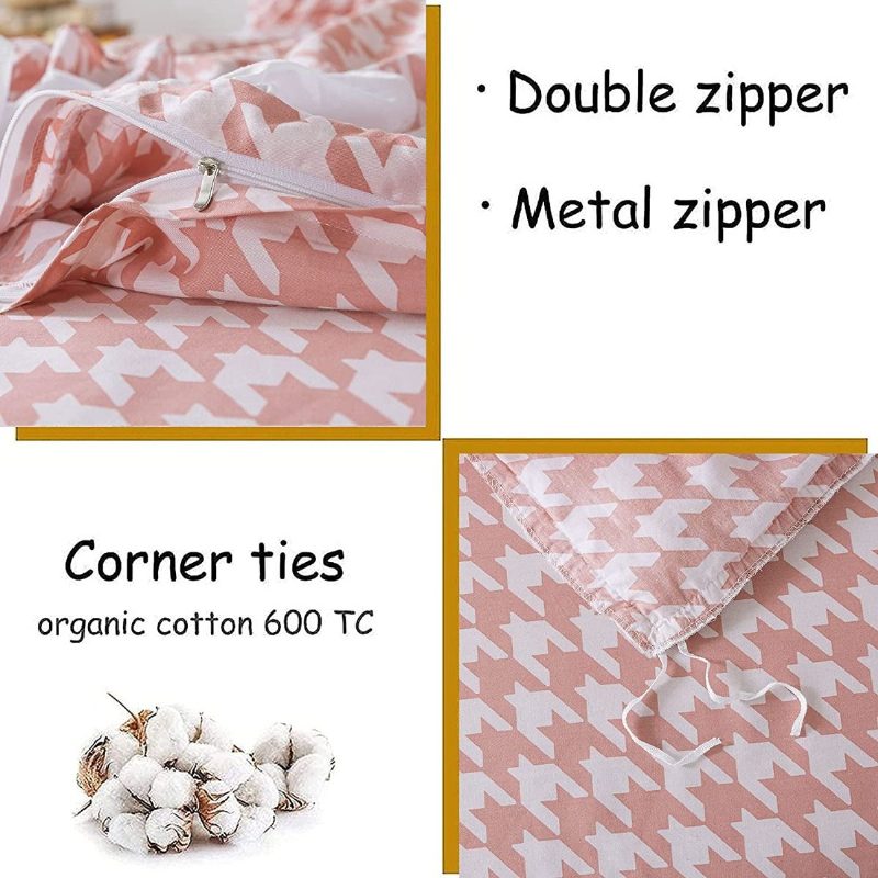 4 Db Lányos Rózsaszín Rácsos Ágyneműkészlet 100% Pamut Houndstooth Mintás Csipke Fodros Paplanhuzat 18'' Magas Ágyszoknya És 2 Párnahuzat