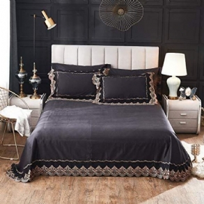 4 Db Luxus Fodros Csipke Ágynemű Szett 100% Pamut Tömör Fekete Exquisite Craft Mély Zsebbe Illesztett Lepedő Lapos És Párnapárna