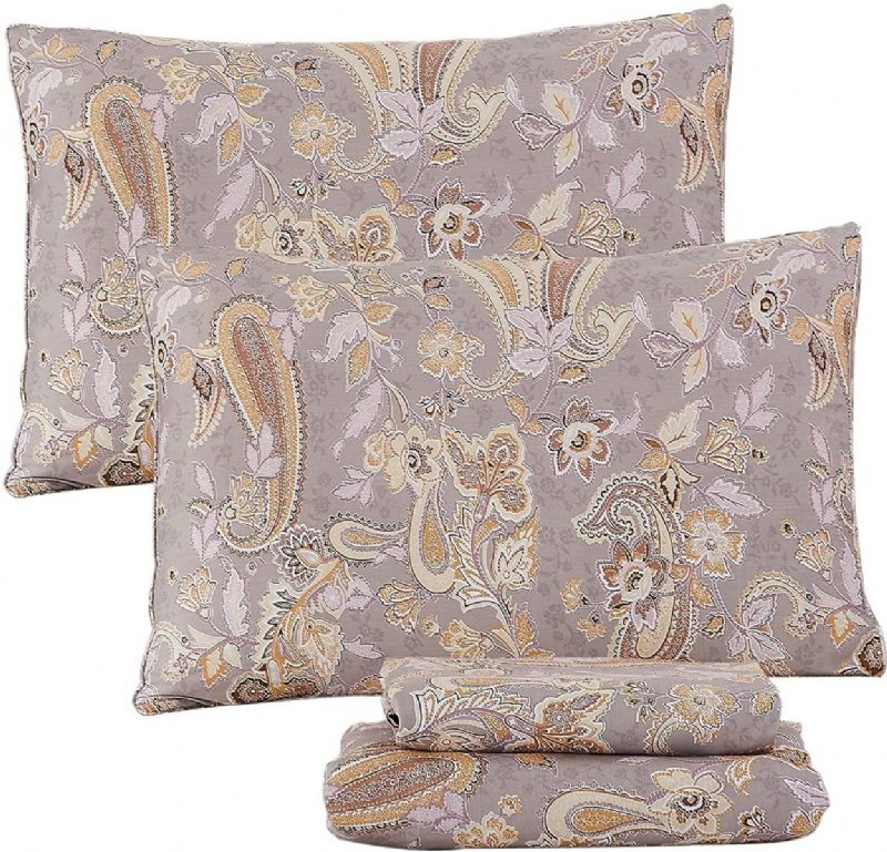 4 Db-os Elegáns Vintage Ágyneműgarnitúra Arany Paisley Szürke Lélegző 100% Pamut Ultrapuha Mély Zsebbe Illeszkedő Lepedő