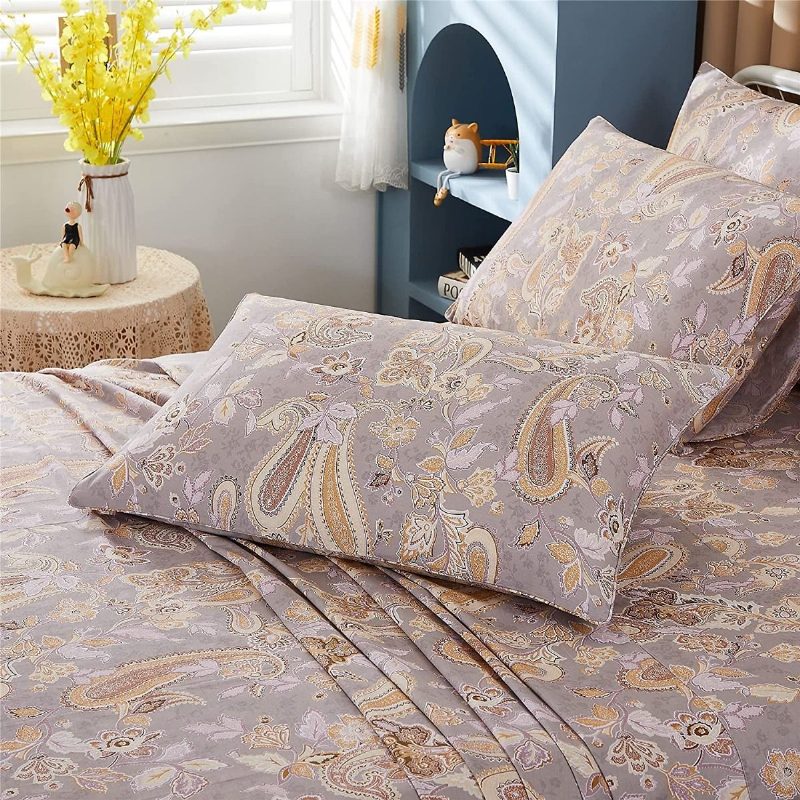 4 Db-os Elegáns Vintage Ágyneműgarnitúra Arany Paisley Szürke Lélegző 100% Pamut Ultrapuha Mély Zsebbe Illeszkedő Lepedő