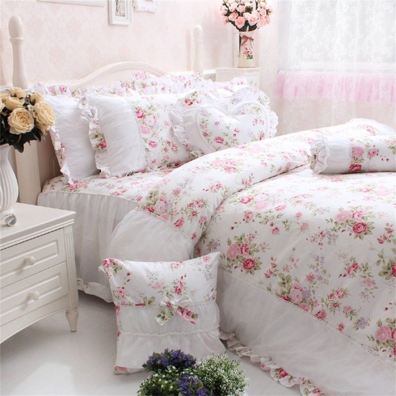 4 Db-os Shabby Rose Virágos Ágynemű Szett Elegáns Country Stílusú Fodros Lány Ágyneműgarnitúra 100% Pamut Paplanhuzat