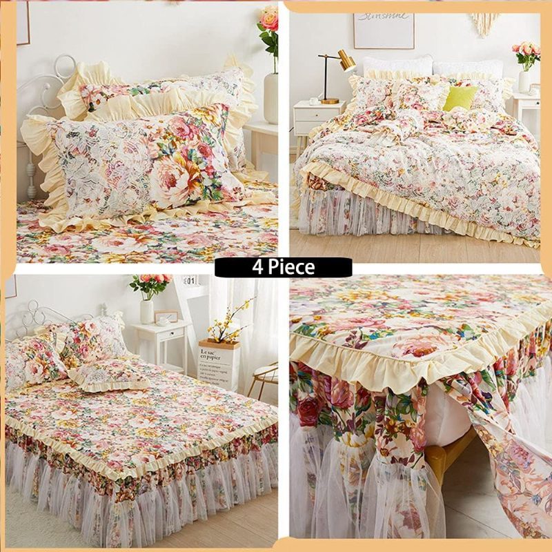 4 Db-os Shabby Virágos Ágynemű Szett 100% Pamut 600 Tc Princess Csipke Fodros Bazsarózsa Rózsa Paplanhuzat Puha Fehér Csipkepor 18'' Osztott Sarok Ágyszoknyával És 2 Párnahuzattal