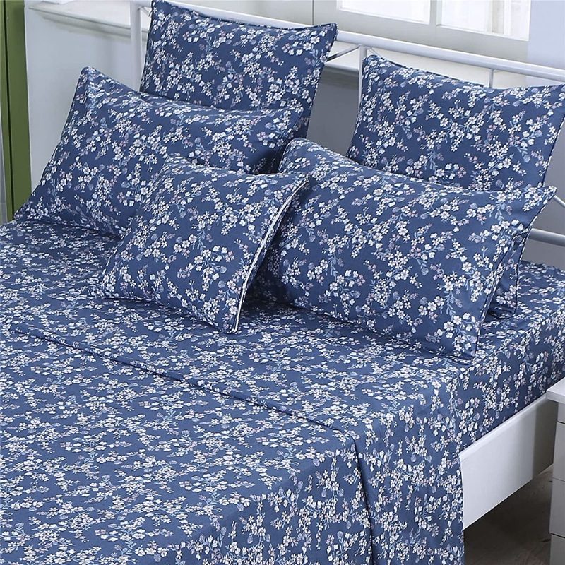 4 Db Vintage Shabby Blue Virágos Ágyneműgarnitúra 100% Pamut Elegáns Apró Virágok Parasztházi Lepedőkészlet Mély Zsebbe Illeszkedő Lepedővel