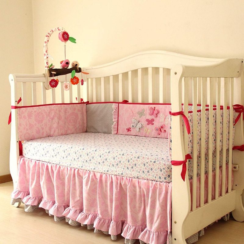 Butterfly Virágos Kiságy Ágyneműgarnitúrák Lányoknak Lökhárítós Shabby Babaágynemű Elegáns Rózsaszín Ideális 7 Részes