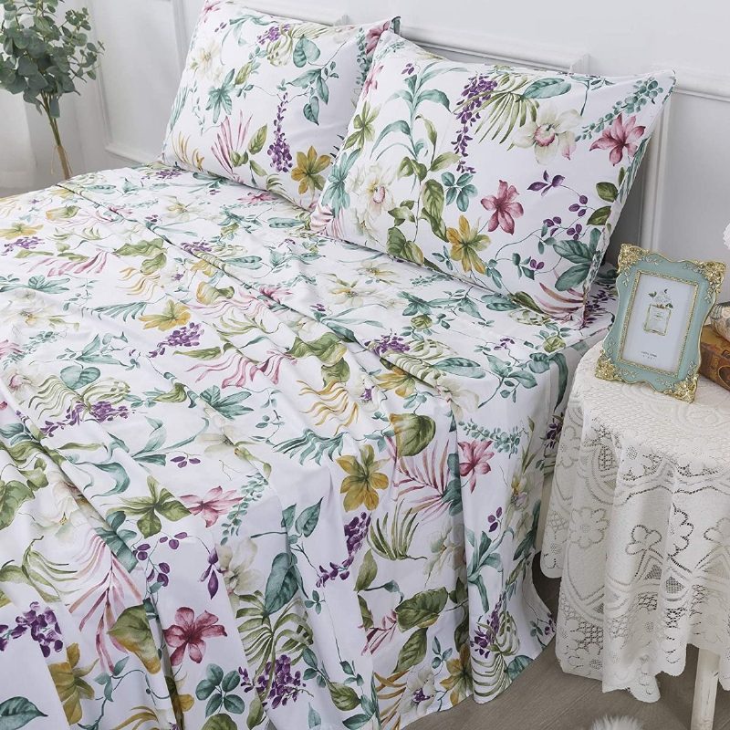 Elegáns Fehér Virágos Ágynemű Tropical Plam Leave Levendula 100% Pamut 600tc Mély Zsebes 4 Db Hawaii Nyári