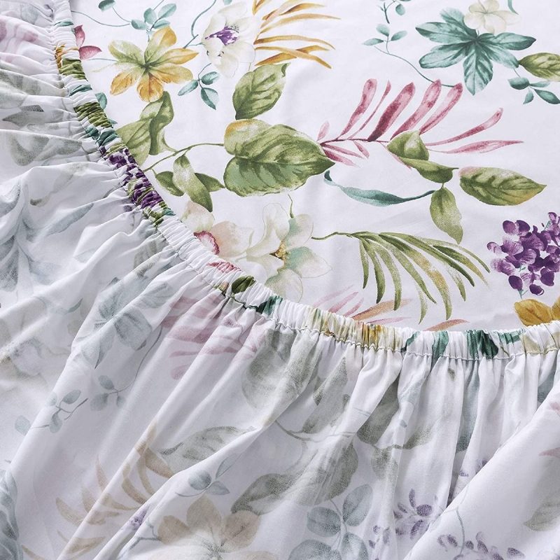 Elegáns Fehér Virágos Ágynemű Tropical Plam Leave Levendula 100% Pamut 600tc Mély Zsebes 4 Db Hawaii Nyári