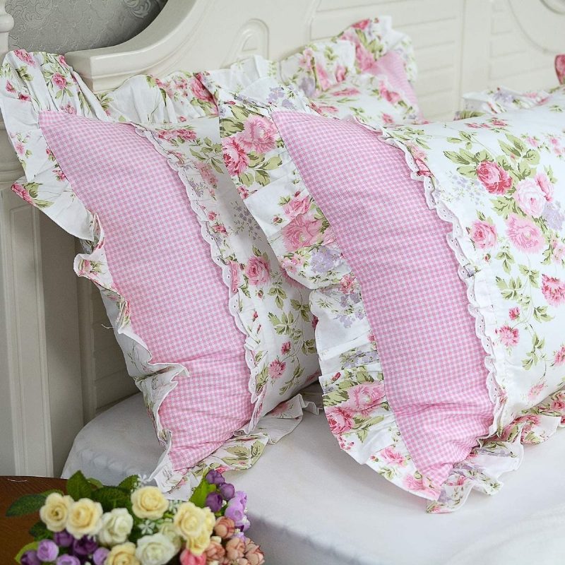 Farmhouse Rose Virágos Párnahuzatok 100% Pamut Vintage Csipke Fodros Elegáns Vidéki Stílusú Rózsaszín Rozetta Kockás Kivitellel