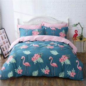Flamingo Ágyneműgarnitúra Megfordítható Rózsaszín Madár Mintás És Kékeszöld Paplanhuzat -4 Db -1 + 1 Lapos Lepedő + 2 Párnahuzat