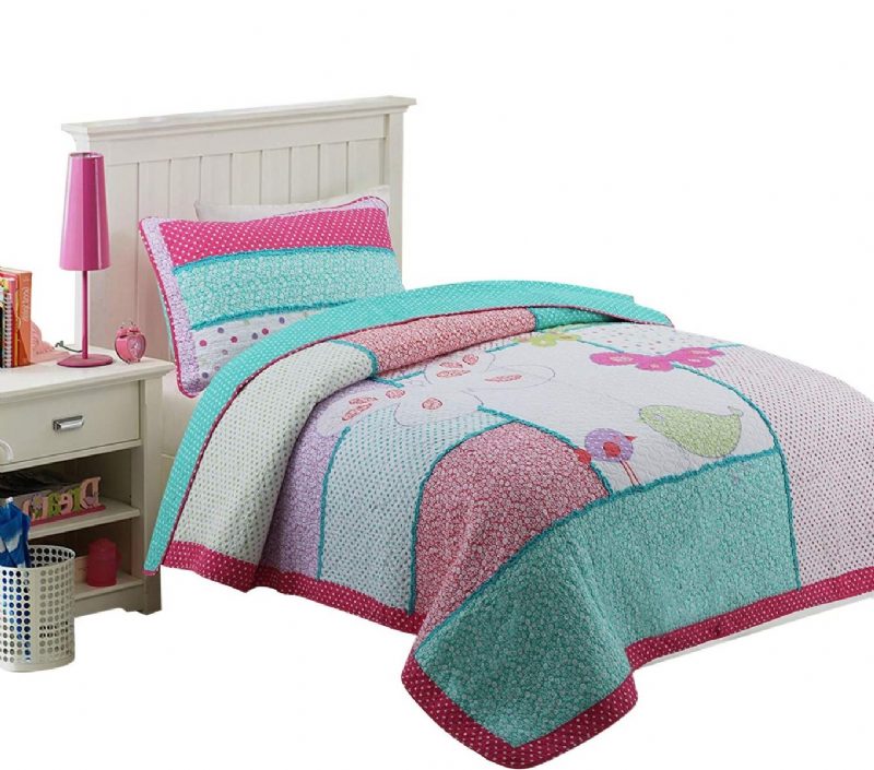 Gyerek Ágynemű Iker Méretű Madár Pillangó Patchwork Takaró Szett Lányoknak 100% Pamut 2 Db