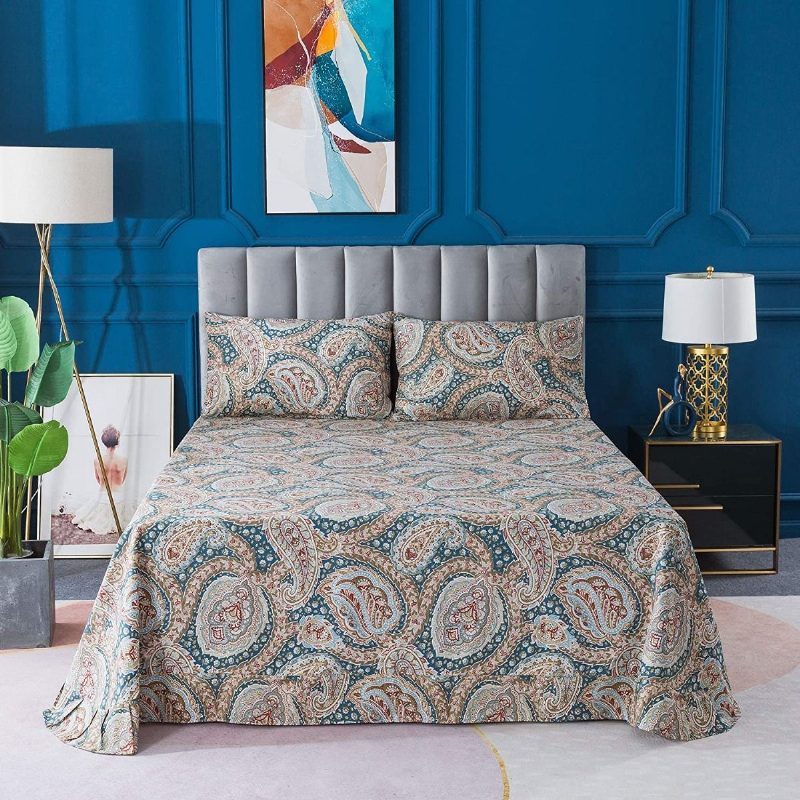 Luxus Paisley 4 Db-os Lepedőkészlet Klassz Kék És Arany Virágos Parasztházi Ágynemű Elegent Blue Ágyneműgarnitúra 100% Pamut Szuperpuha Mély Zsebbe Illeszkedő Lepedővel