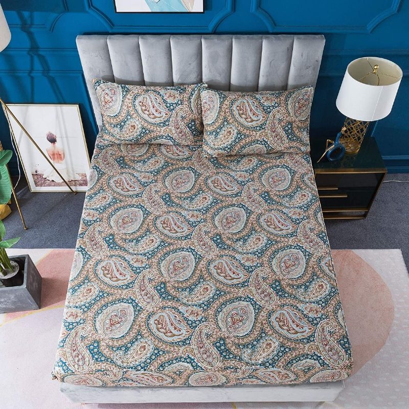 Luxus Paisley 4 Db-os Lepedőkészlet Klassz Kék És Arany Virágos Parasztházi Ágynemű Elegent Blue Ágyneműgarnitúra 100% Pamut Szuperpuha Mély Zsebbe Illeszkedő Lepedővel