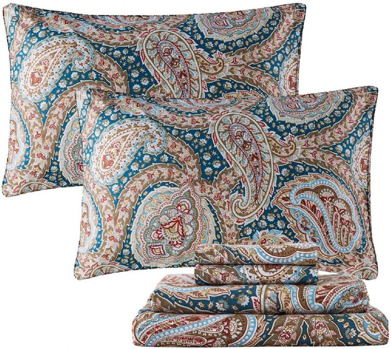 Luxus Paisley 4 Db-os Lepedőkészlet Klassz Kék És Arany Virágos Parasztházi Ágynemű Elegent Blue Ágyneműgarnitúra 100% Pamut Szuperpuha Mély Zsebbe Illeszkedő Lepedővel