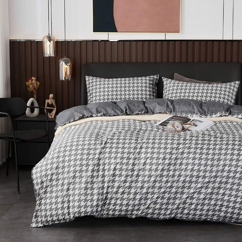 Modern Ágyneműgarnitúra Divatos Houndstooth Mintás Paplanhuzat Szett Kockás Öv Megfordítható Cipzáras 2 Párnahuzattal