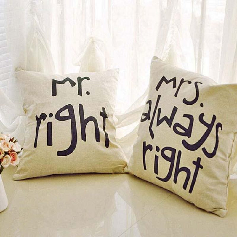 Mr Right Mrs Always Creative Signature Pamut Vászon Párnahuzat Ágy Kanapé Autós
