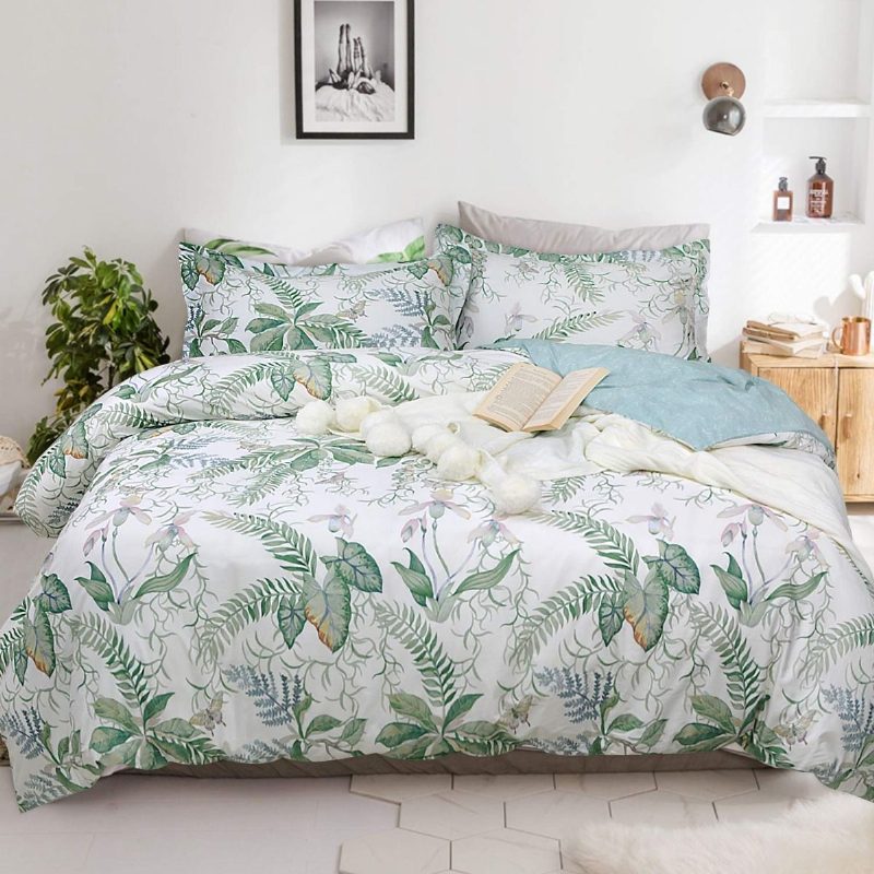 Pálmaleveles Ágynemű Szett Butterfly Jungle Rainforest Fruit Virágos Paplanhuzat 3 Db Zöld Fehér 100% Pamut