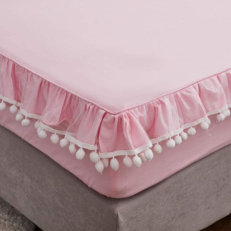 Pom Pom Ruffle Sheer Fringe Design Ágyneműgarnitúrák 100% Pamut 600 Tc Chic Boho Ágyneműgarnitúra Egyszínű Mély Zsebbe Illeszkedő Lepedővel