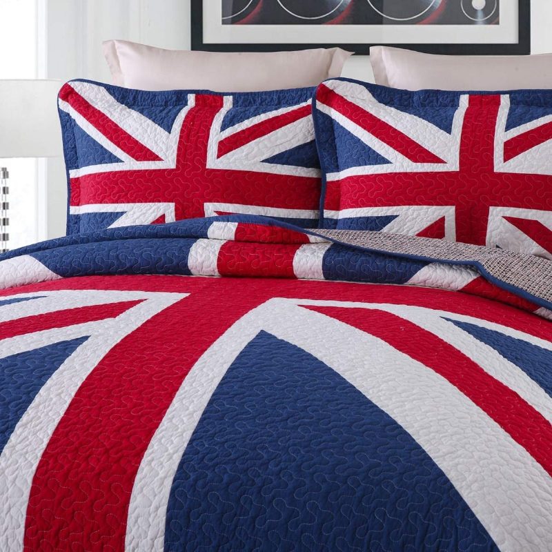 Queen Méretű Brit Zászló Design Steppelt Ágytakaró Szett 100% Pamut 3 Db Paplan Ágyneműgarnitúra