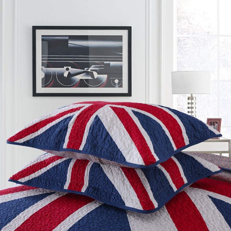 Queen Méretű Brit Zászló Design Steppelt Ágytakaró Szett 100% Pamut 3 Db Paplan Ágyneműgarnitúra