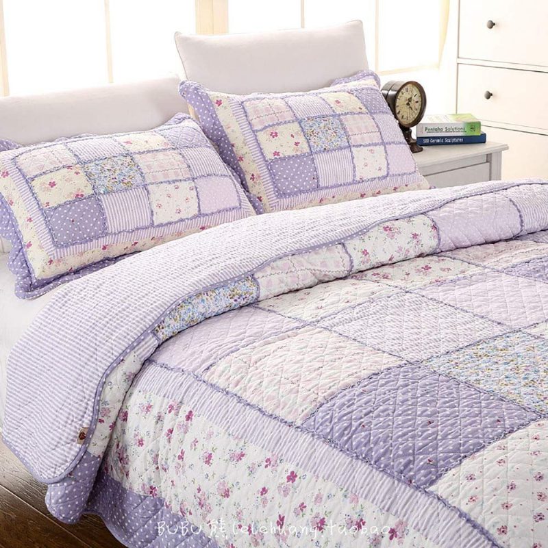 Queen Méretű Nyári Paplan Szett Lila Virágos Ágyneműgarnitúrák Lányoknak Patchwork 100% Pamut Ágytakaró Anyák Napi Akció