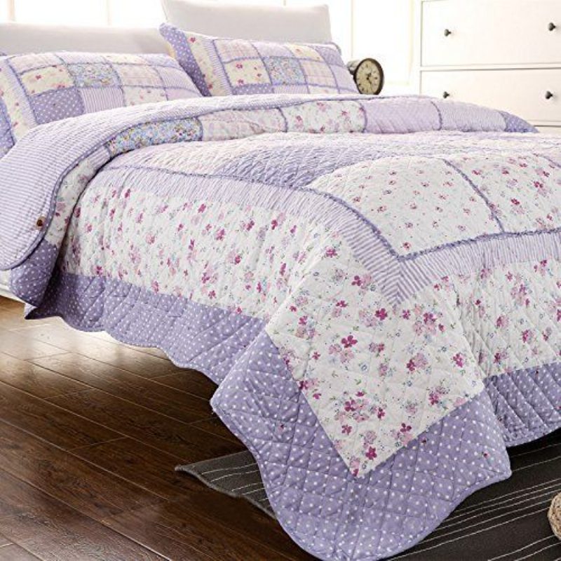 Queen Méretű Nyári Paplan Szett Lila Virágos Ágyneműgarnitúrák Lányoknak Patchwork 100% Pamut Ágytakaró Anyák Napi Akció
