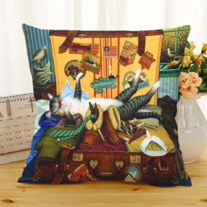 Retro Stílusú Macskák Vászon Pamut Párnahuzat Otthoni Kanapé Art Decor Díszpárnahuzat
