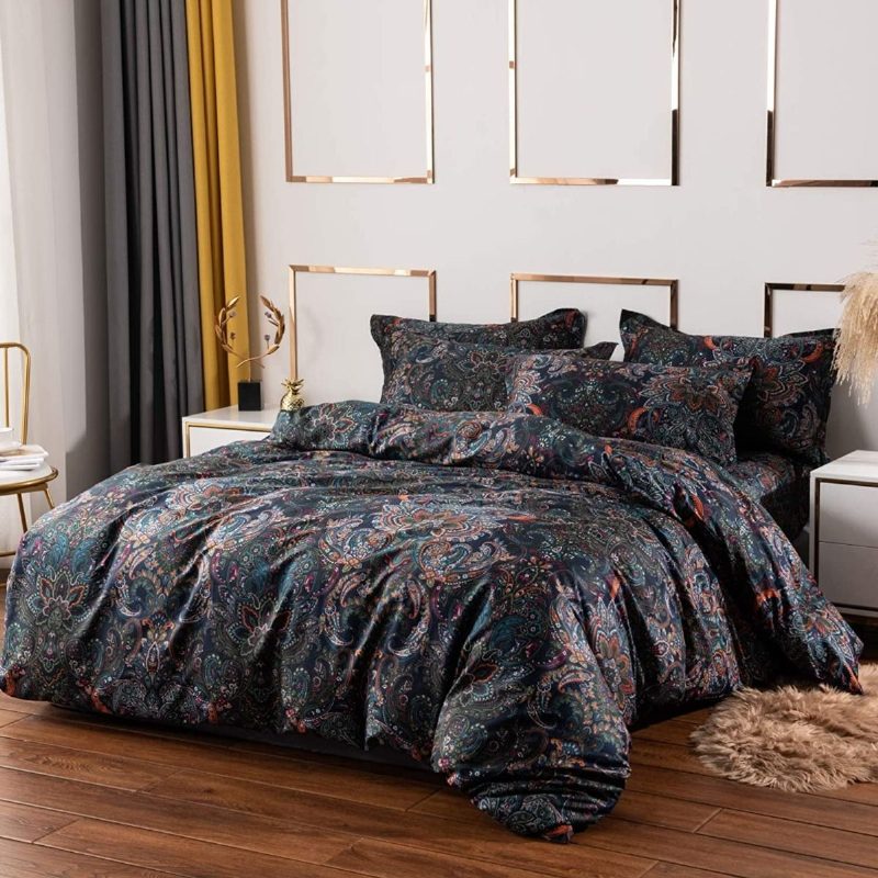 Vintage Paisley Ágynemű Szett 3 Db Rusztikus Fekete Damaszt Paplanhuzat 100% Csiszolt Pamut Cipzárral Zárható Boho Kollekciók