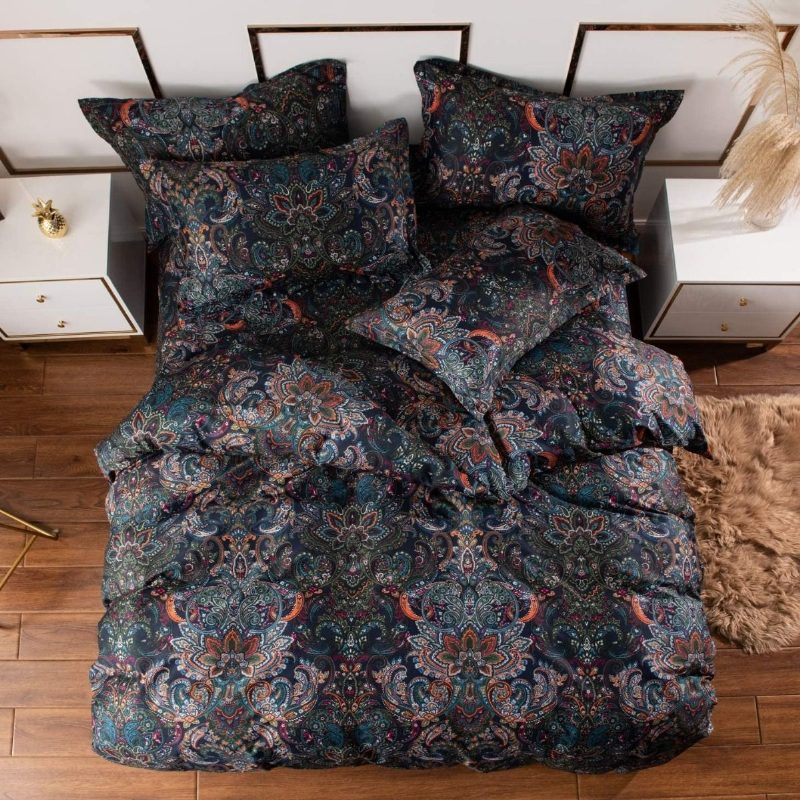 Vintage Paisley Ágynemű Szett 3 Db Rusztikus Fekete Damaszt Paplanhuzat 100% Csiszolt Pamut Cipzárral Zárható Boho Kollekciók
