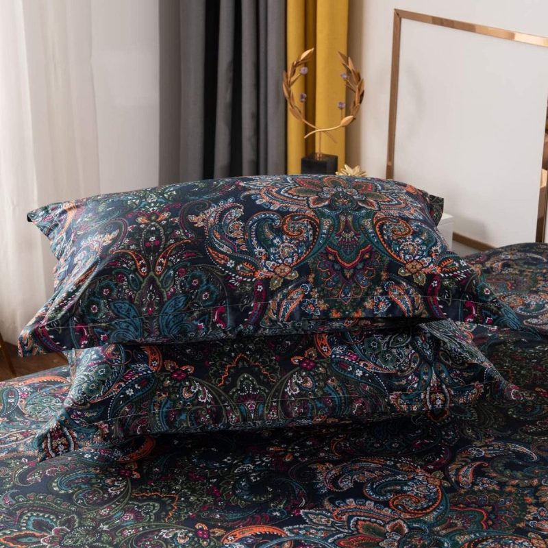 Vintage Paisley Ágynemű Szett 3 Db Rusztikus Fekete Damaszt Paplanhuzat 100% Csiszolt Pamut Cipzárral Zárható Boho Kollekciók