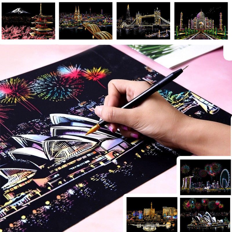 Magic Scratch Sketch Pad Fából Készült Rajz Fényes Stick Art Festmény Papír És Karton
