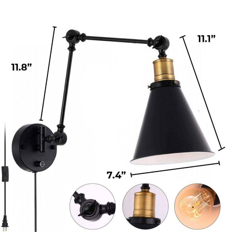 1/2 Db Lengőkaros Fali Lámpa 110v Ipari Dugaszolható Led Világítás Vezetékes Fekete Kivitelben Izzók Nélkül