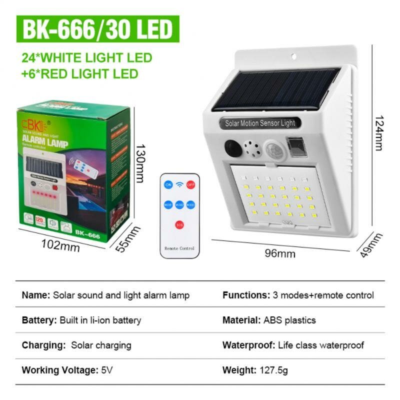 30 Led-es Napelemes Távirányító 3 Üzemmódú Emberi Test Mozgásérzékelős Riasztó Utcai Lámpa Kültéri Kerti Udvari Vízálló Fali