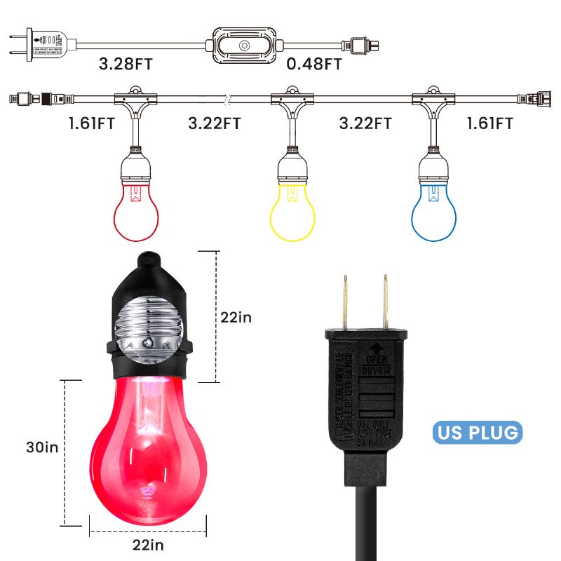 48ft Elfeland Távirányítós Rgb Fényfüzér Átjáró Világítás 15db Izzóval Us Plug Ac100-240v Vízálló Ip65