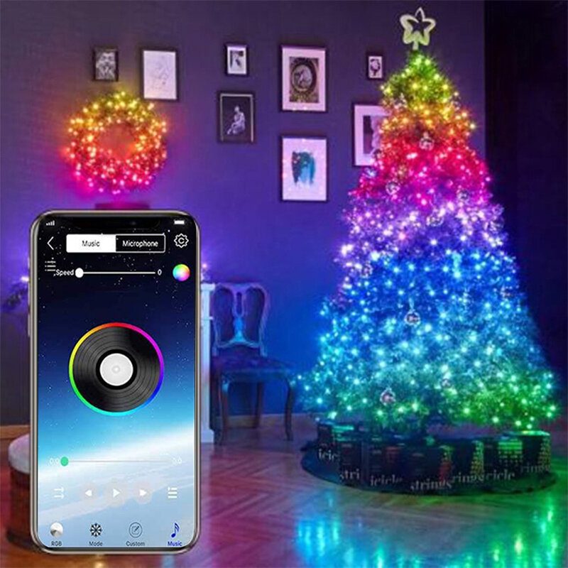 Usb Fairy Lights Led Füzérfények Zene Szinkronizálás Bluetooth App Telefon Beltéri Kültéri Csillogó Lámpák 32.8ft Függő Függönyfüzér Színváltó Csillagos
