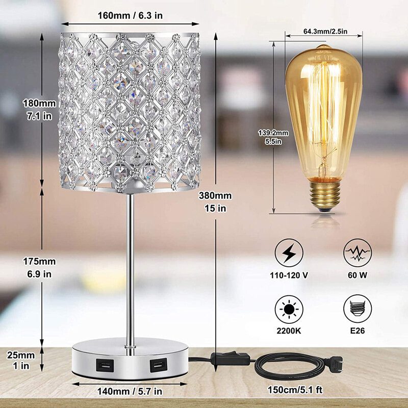 Usb Újratölthető Kristály Íróasztali Lámpa Érintős Tompítású Éjjeli Lámpák Hálószoba Led Éjszakai Fényforrással