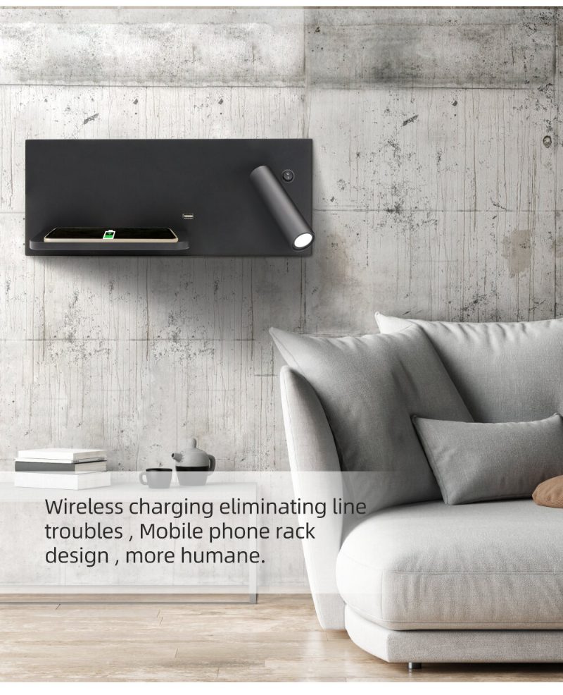 Zerouno Fali Lámpa Hálószobai Led-es Telefon Vezeték Nélküli Töltő Polc Ágy Melletti Fejtámla Olvasás Modern Loft Szoba Usb Lámpatest Fa Ágy