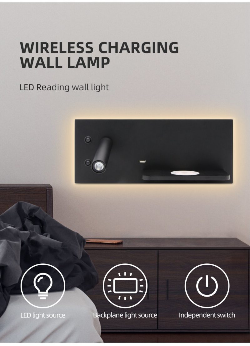 Zerouno Fali Lámpa Hálószobai Led-es Telefon Vezeték Nélküli Töltő Polc Ágy Melletti Fejtámla Olvasás Modern Loft Szoba Usb Lámpatest Fa Ágy