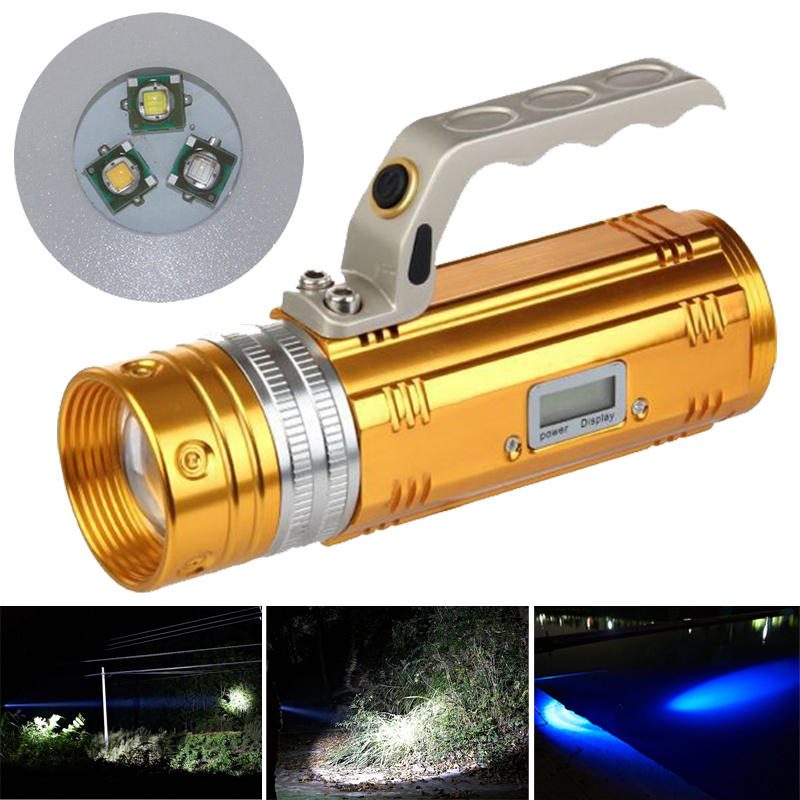 450lm 3 Színes Led 200-300 M Hatótávolságú Zoomolható Újratölthető Horgász Zseblámpa Lcd Töltővel