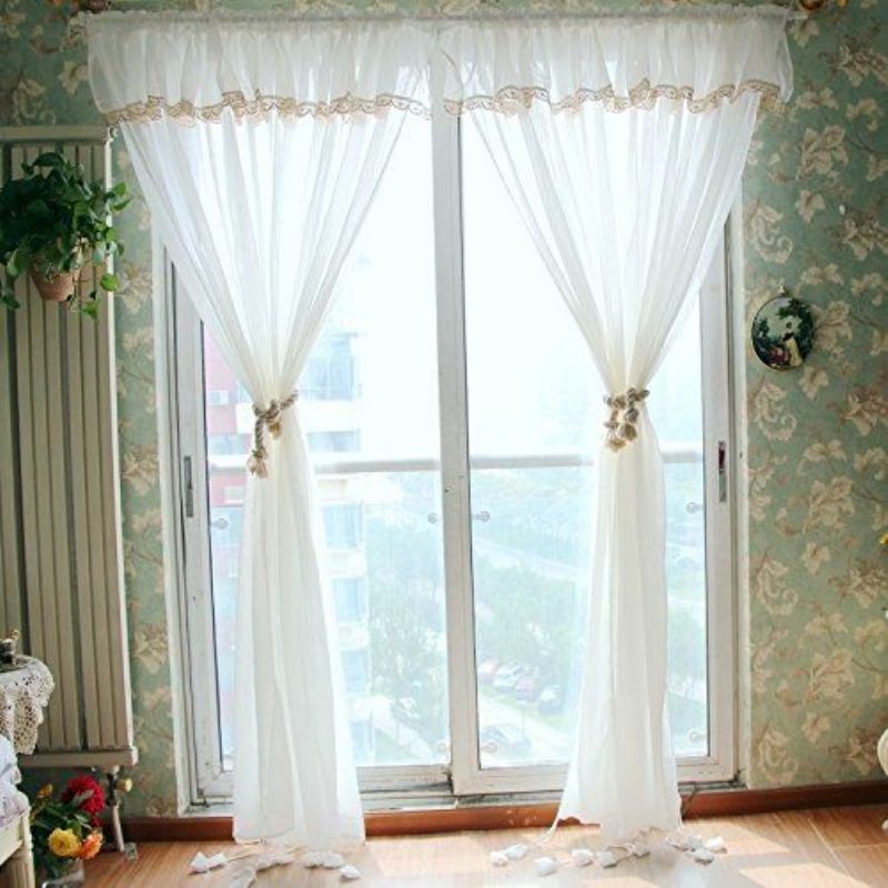 Farmhouse Fehér Csipke Áttetsző Függöny Shabby Elegant Elegáns Állítható Felköthető Ernyők