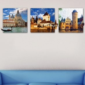 50x50cm 3db Kombinált Pag Diy Keret Nélküli Festmény 3d Jelenet Matrica Olajfestmények Táj Kastély Fal Dekoráció