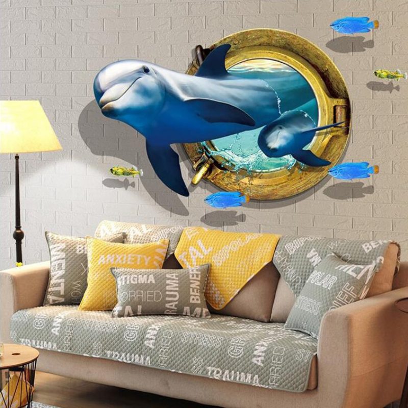 Miico Kreatív 3d Delfin Ablak Tengeri Halak Pvc Kivehető Otthoni Szoba Dekoratív Fali Dekor Matrica